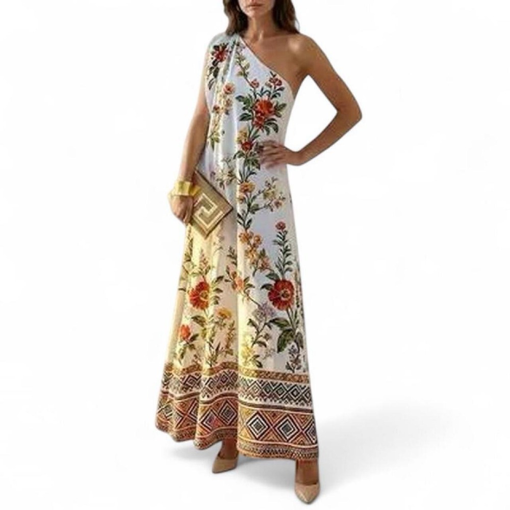 UOOZEE Floral Print One Shoulder Flowy Maxi Dress Vacation Chic